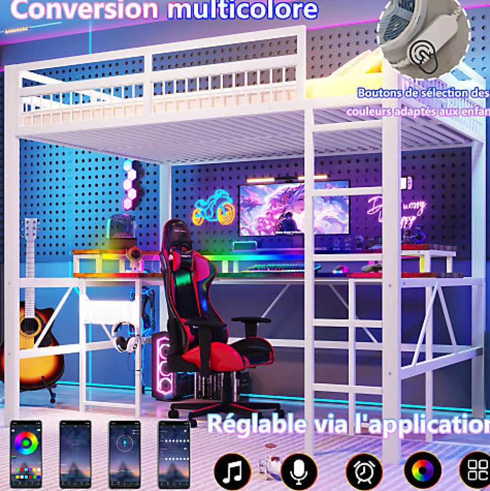 Lit mezzanine 140x200cm - structure en fer - bureau intégré - LED - USB et prise - blanc (matelas non inclus)