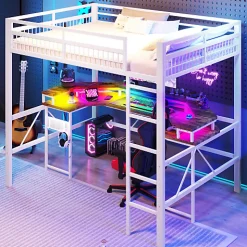 Lit mezzanine 140x200cm - structure en fer - bureau intégré - LED - USB et prise - blanc (matelas non inclus)