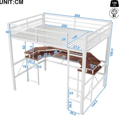 Lit mezzanine 140x200cm - structure en fer - bureau intégré - LED - USB et prise - blanc (matelas non inclus)