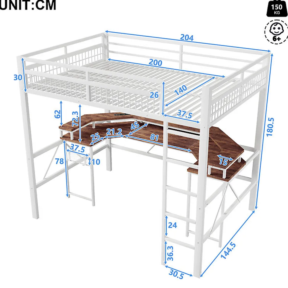 Lit mezzanine 140x200cm - structure en fer - bureau intégré - LED - USB et prise - blanc (matelas non inclus)