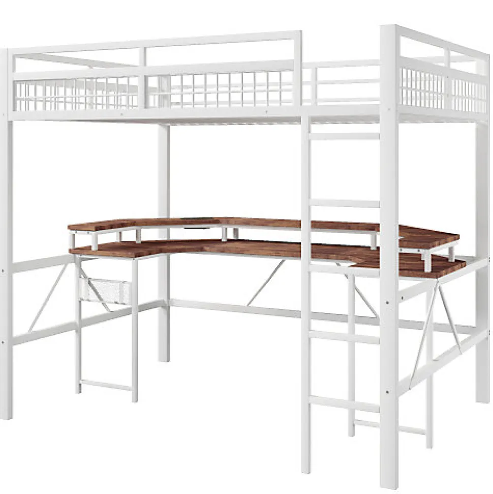 Lit mezzanine 140x200cm - structure en fer - bureau intégré - LED - USB et prise - blanc (matelas non inclus)