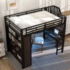 Lit mezzanine 140x200cm - structure en fer - bureau - rangements - LED - escalier - noir (matelas non inclus)