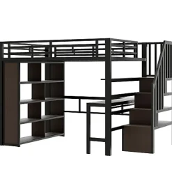 Lit mezzanine 140x200cm - structure en fer - bureau - rangements - LED - escalier - noir (matelas non inclus)