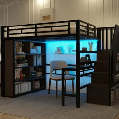 Lit mezzanine 140x200cm - structure en fer - bureau - rangements - LED - escalier - noir (matelas non inclus)