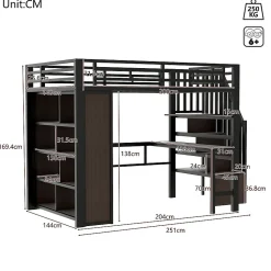 Lit mezzanine 140x200cm - structure en fer - bureau - rangements - LED - escalier - noir (matelas non inclus)