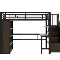 Lit mezzanine 140x200cm - structure en fer - bureau - rangements - LED - escalier - noir (matelas non inclus)