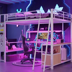 Lit mezzanine 140x200cm - structure en fer - bureau avec étagère - LED - port USB - blanc (matelas non inclus)