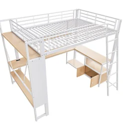 Lit mezzanine 140x200cm - structure en fer - bureau avec étagère - LED - port USB - blanc (matelas non inclus)