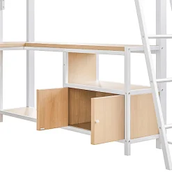 Lit mezzanine 140x200cm - structure en fer - bureau avec étagère - LED - port USB - blanc (matelas non inclus)