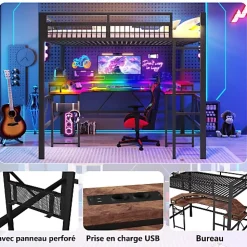 Lit mezzanine 140x200cm - structure en fer - bureau intégré - LED - USB et prise - noir (matelas non inclus)