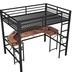 Lit mezzanine 140x200cm - structure en fer - bureau intégré - LED - USB et prise - noir (matelas non inclus)
