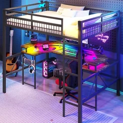 Lit mezzanine 140x200cm - structure en fer - bureau intégré - LED - USB et prise - noir (matelas non inclus)