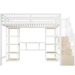 Lit mezzanine 90x200cm - structure en fer - échelle de rangement - bureau - LED - USB - blanc (matelas non inclus)