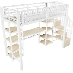 Lit mezzanine 90x200cm - structure en fer - échelle de rangement - bureau - LED - USB - blanc (matelas non inclus)