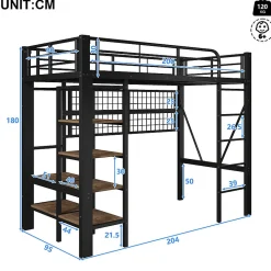 Lit mezzanine 90x200cm - structure en fer - rangements - éclairage LED - noir (matelas non inclus)