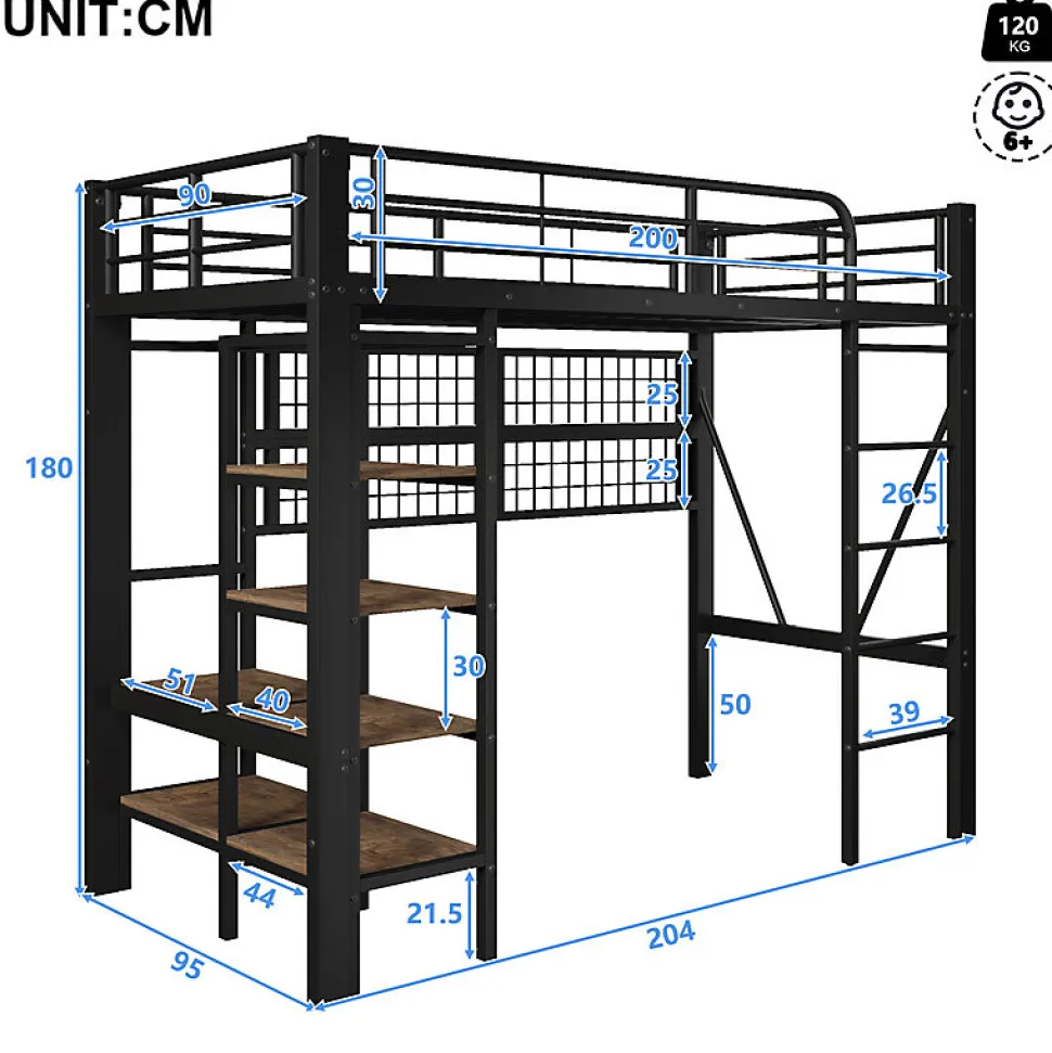 Lit mezzanine 90x200cm - structure en fer - rangements - éclairage LED - noir (matelas non inclus)