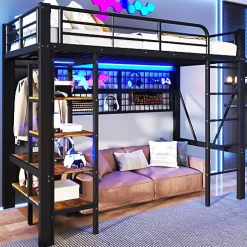 Lit mezzanine 90x200cm - structure en fer - rangements - éclairage LED - noir (matelas non inclus)