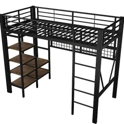 Lit mezzanine 90x200cm - structure en fer - rangements - éclairage LED - noir (matelas non inclus)