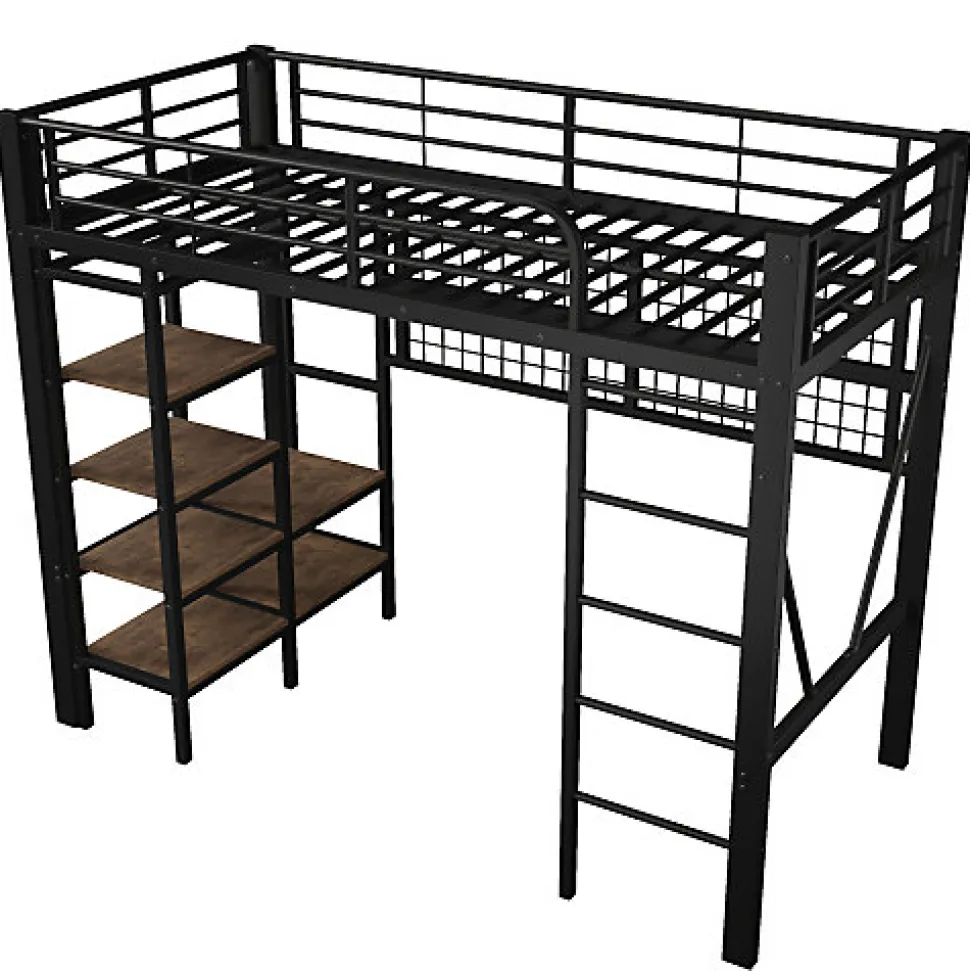 Lit mezzanine 90x200cm - structure en fer - rangements - éclairage LED - noir (matelas non inclus)