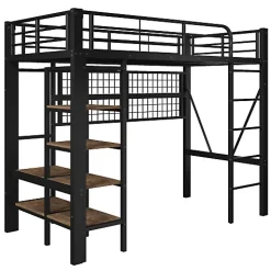 Lit mezzanine 90x200cm - structure en fer - rangements - éclairage LED - noir (matelas non inclus)