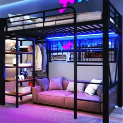 Lit mezzanine 90x200cm - structure en fer - rangements - éclairage LED - noir (matelas non inclus)