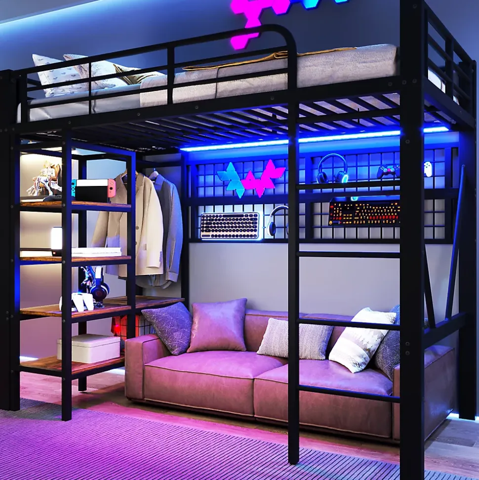 Lit mezzanine 90x200cm - structure en fer - rangements - éclairage LED - noir (matelas non inclus)