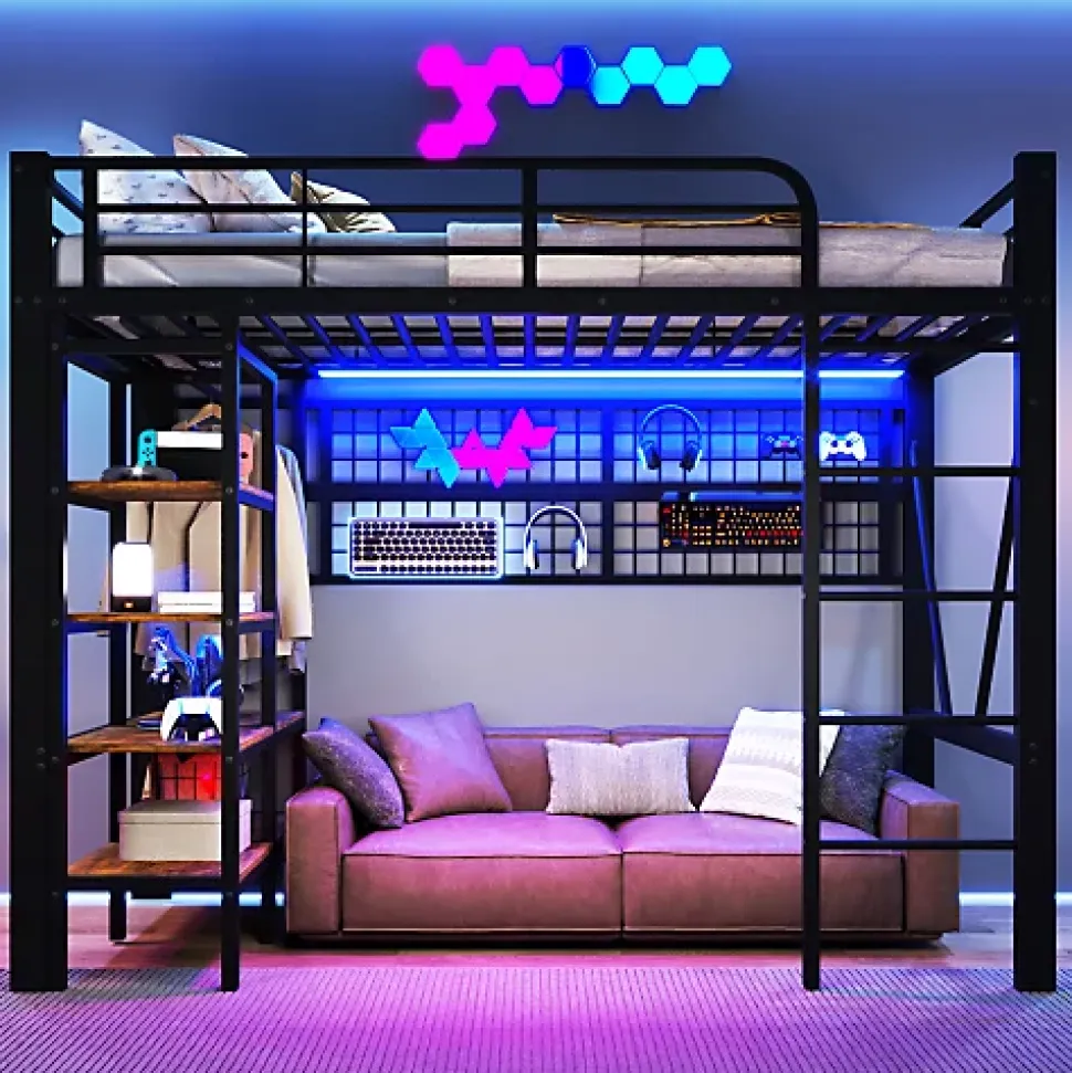 Lit mezzanine 90x200cm - structure en fer - rangements - éclairage LED - noir (matelas non inclus)