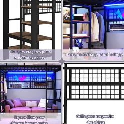 Lit mezzanine 90x200cm - structure en fer - rangements - éclairage LED - noir (matelas non inclus)