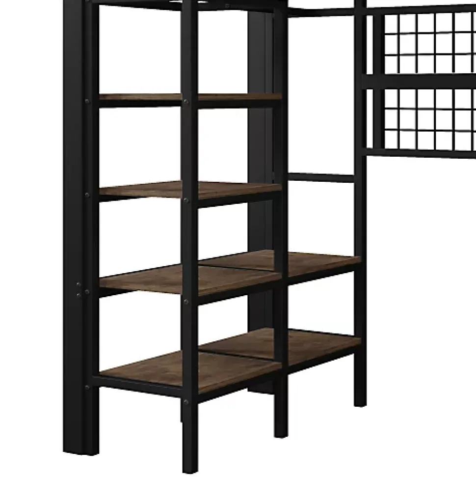 Lit mezzanine 90x200cm - structure en fer - rangements - éclairage LED - noir (matelas non inclus)