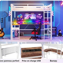Lit mezzanine 90x200cm - structure en fer - bureau intégré - LED - USB et prise - blanc (matelas non inclus)