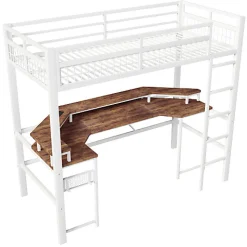 Lit mezzanine 90x200cm - structure en fer - bureau intégré - LED - USB et prise - blanc (matelas non inclus)