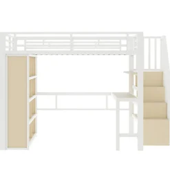 Lit mezzanine 140x200cm - structure en fer - bureau - rangements - LED - escalier - blanc (matelas non inclus)