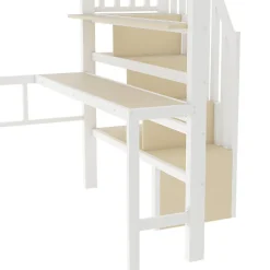 Lit mezzanine 140x200cm - structure en fer - bureau - rangements - LED - escalier - blanc (matelas non inclus)