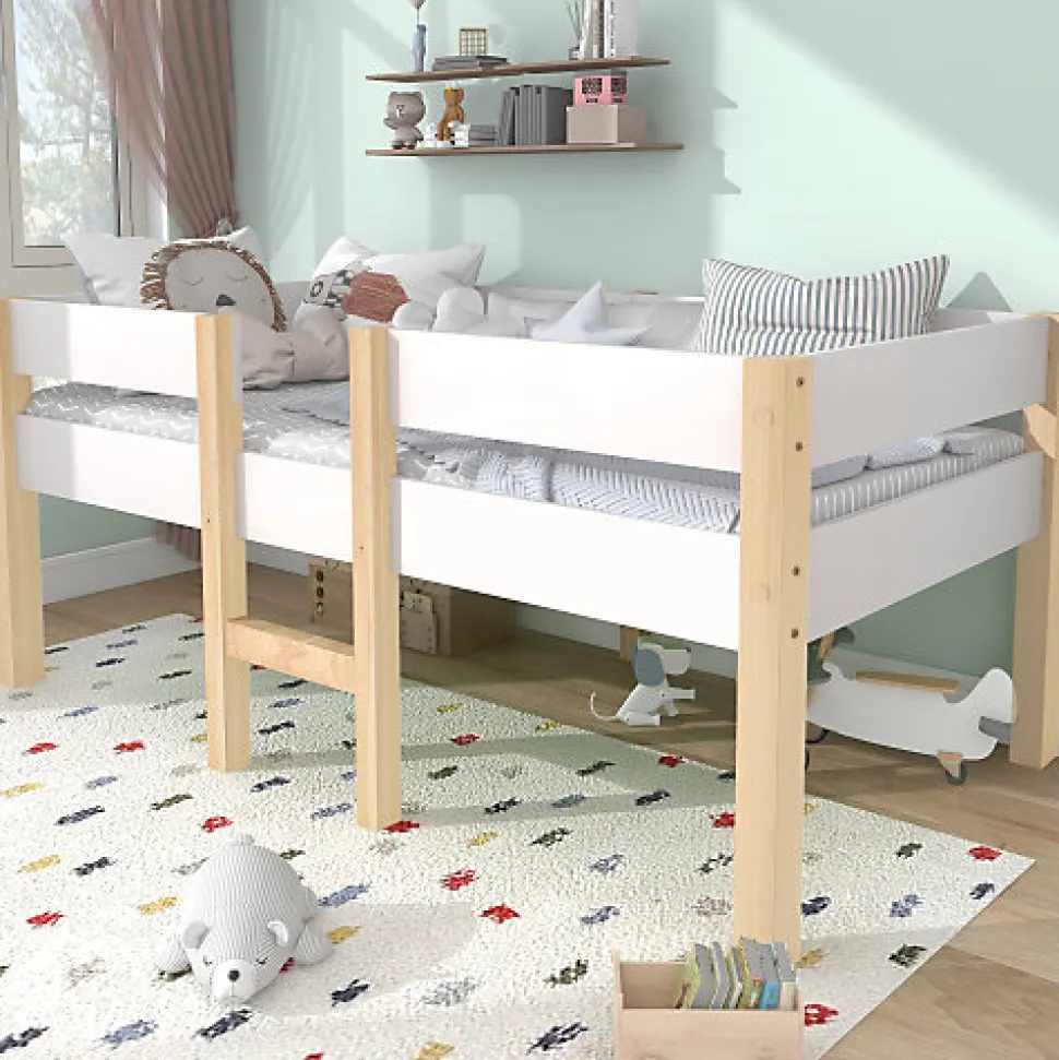 Lit mezzanine 90x200cm avec barrières de sécurité - en bois de pin massif - Blanc