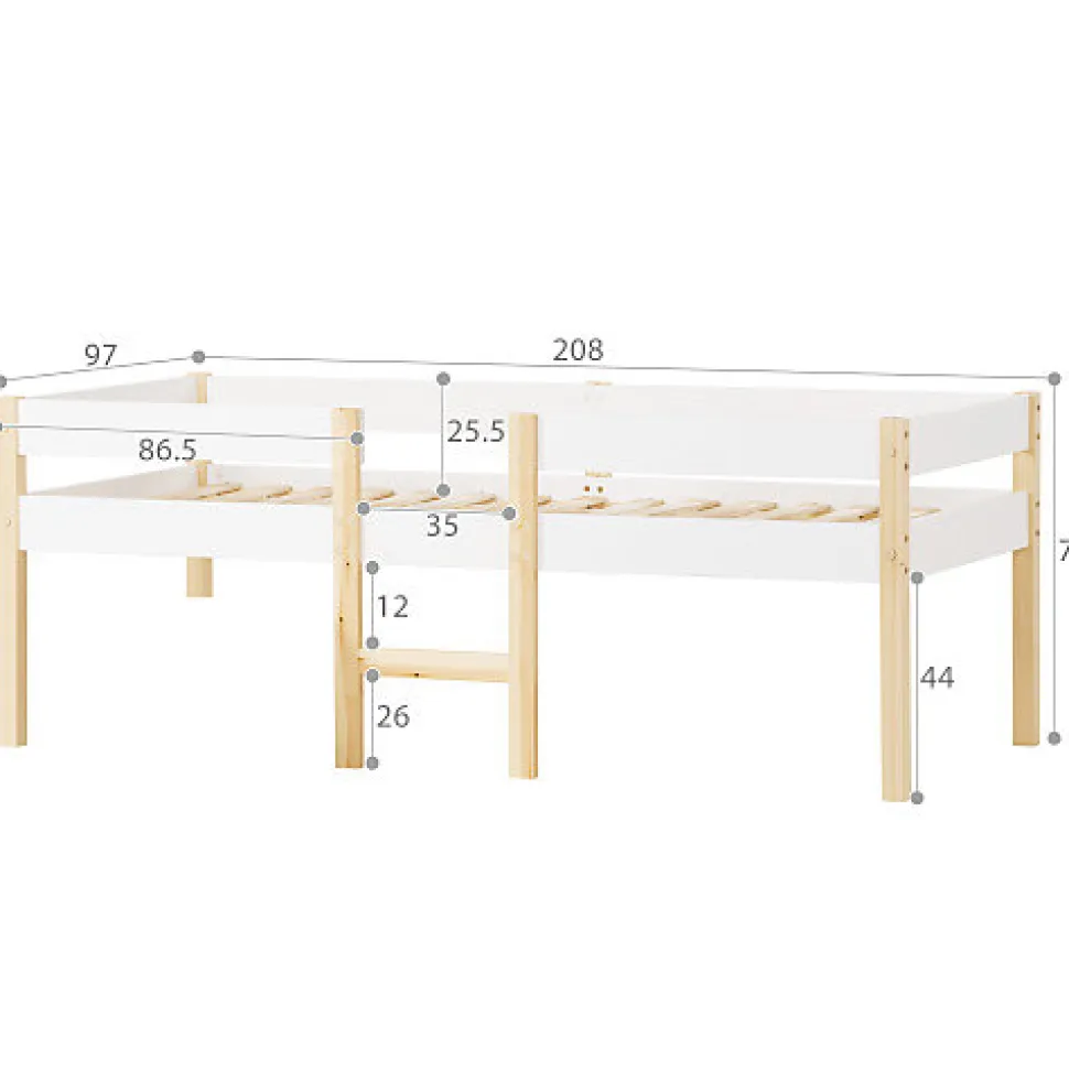Lit mezzanine 90x200cm avec barrières de sécurité - en bois de pin massif - Blanc