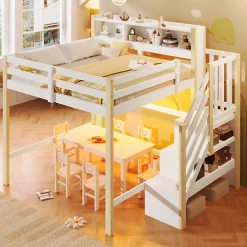 Lit mezzanine 140x200cm avec LED - avec échelle de rangement - compartiments de rangement - Blanc + Naturel (sans matelas)