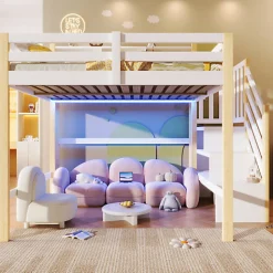 Lit mezzanine 140x200cm avec LED - avec échelle de rangement - compartiments de rangement - Blanc + Naturel (sans matelas)