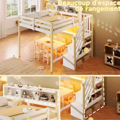 Lit mezzanine 140x200cm avec LED - avec échelle de rangement - compartiments de rangement - Blanc + Naturel (sans matelas)