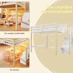 Lit mezzanine 140x200cm avec LED - avec échelle de rangement - compartiments de rangement - Blanc + Naturel (sans matelas)