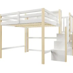 Lit mezzanine 140x200cm avec LED - avec échelle de rangement - compartiments de rangement - Blanc + Naturel (sans matelas)