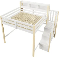 Lit mezzanine 140x200cm avec LED - avec échelle de rangement - compartiments de rangement - Blanc + Naturel (sans matelas)