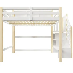 Lit mezzanine 140x200cm avec LED - avec échelle de rangement - compartiments de rangement - Blanc + Naturel (sans matelas)