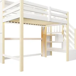 Lit mezzanine 90x200cm avec LED - avec échelle de rangement - compartiments de rangement - Blanc + Naturel (sans matelas)