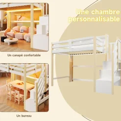 Lit mezzanine 90x200cm avec LED - avec échelle de rangement - compartiments de rangement - Blanc + Naturel (sans matelas)