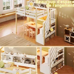 Lit mezzanine 90x200cm avec LED - avec échelle de rangement - compartiments de rangement - Blanc + Naturel (sans matelas)
