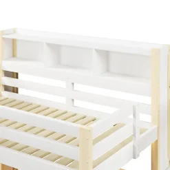 Lit mezzanine 90x200cm avec LED - avec échelle de rangement - compartiments de rangement - Blanc + Naturel (sans matelas)