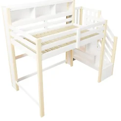 Lit mezzanine 90x200cm avec LED - avec échelle de rangement - compartiments de rangement - Blanc + Naturel (sans matelas)