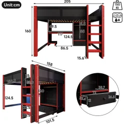 Lit mezzanine 140x200cm avec LED - avec bureau - avec échelle et armoire - avec 1 tiroir - noir + rouge (matelas non inclus)