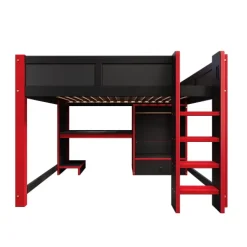 Lit mezzanine 140x200cm avec LED - avec bureau - avec échelle et armoire - avec 1 tiroir - noir + rouge (matelas non inclus)