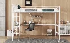 Lit mezzanine 90x200cm blanc avec bureau en L et étagère, structure en métal, sans matelas